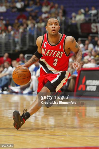 Damon Stoudamire of the Portland Trail Blazers moves the ball during the game against the Los Angeles Clippers at the Staples Center on March 7, 2004...