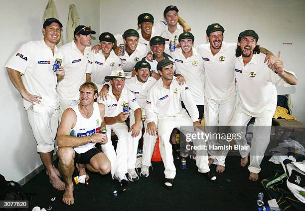 The Australian Team celebrate their win in the rooms after day five of the First Test between Australia and Sri Lanka played at the Galle...