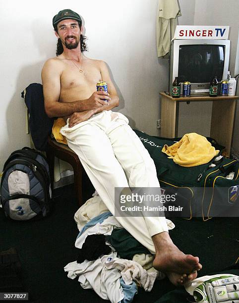 Jason Gillespie of Australia relaxes in the rooms after day five of the First Test between Australia and Sri Lanka played at the Galle International...