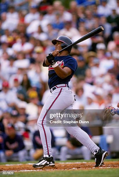 Outfielder Andruw Jones of the Atlanta Braves in action during a spring training game against the Los Angeles Dodgers at the Holman Stadium in Vero...