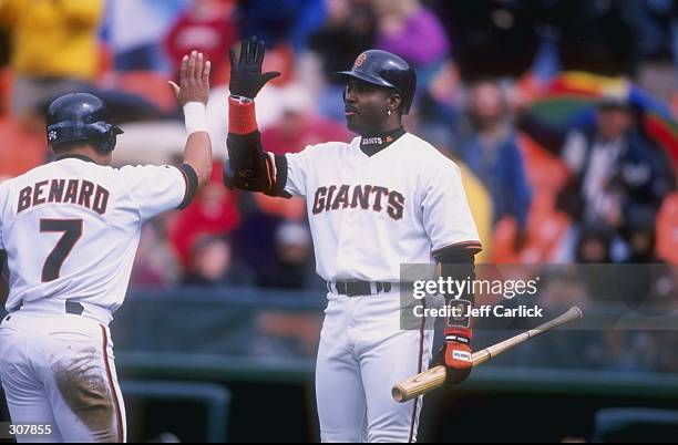 Outfielder Barry Bonds and outfielder Marvin Benard of the San Francisco Giants celebrate during a game against the St. Louis Cardinals at Three-Com...