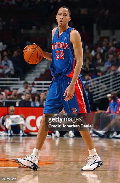 Tayshaun Prince of the Detroit Pistons moves the ball during the game against the Chicago Bulls on February 25, 2004 at the United Center in Chicago,...