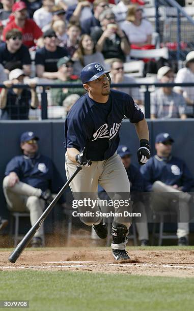 Rightfielder Phil Nevin of the San Diego Padres swings during the Spring Training game against the Anaheim Angels on March 5, 2004 at Tempe Diablo...