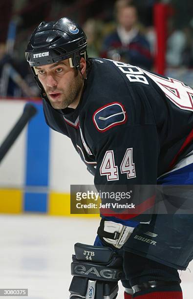 Right wing Todd Bertuzzi of the Vancouver Canucks stands on the ice during the game against the Chicago Blackhawks at General Motors Place on January...