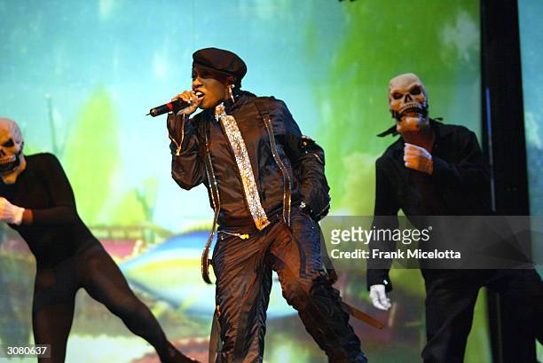 Rapper Missy Elliott performs onstage during the start of the "Verizon Ladies First Tour 2004" on March 12, 2004 at the Office Depot Center, in Ft....