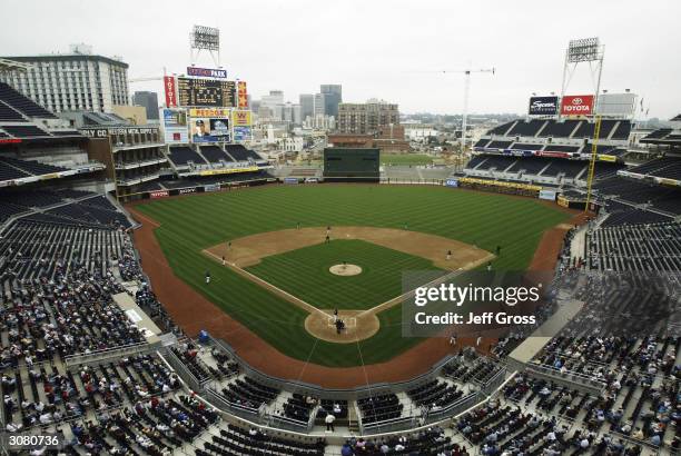 General view from inside the newly constructed Petco Park, home to the San Diego Padres, during the Aztec Invitational college baseball tournament on...