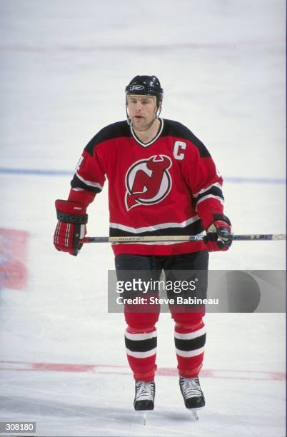 Defenseman Scott Stevens of the New Jersey Devils in action during a game against the Boston Bruins at the Fleet Center in Boston, Massachusetts. The...