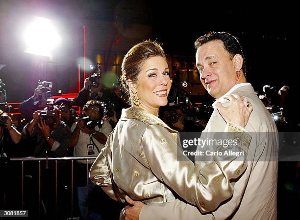 Actor Tom Hanks and actress Rita Wilson arrive for the world premiere of the movie 'Ladykillers' at the El Capitan Theatre March 12, 2004 in...