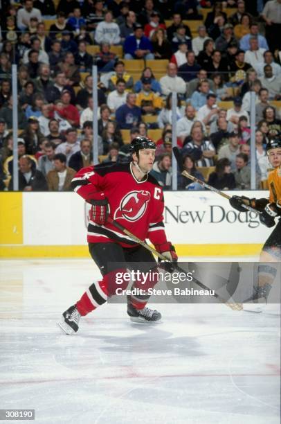 Defenseman Scott Stevens of the New Jersey Devils in action during a game against the Boston Bruins at the Fleet Center in Boston, Massachusetts. The...