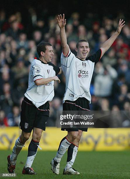 Sean Davis of Fulham celebrates scoring the first goal during the FA Barclaycard Premiership match between Fulham and Leeds United at Loftus Road on...