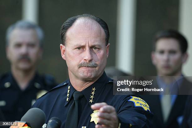 Fresno City Police Chief Jerry Dyer holds a press conference concerning the arrest of 57-year-old Marcus Wesson March 13, 2004 in Fresno, California....