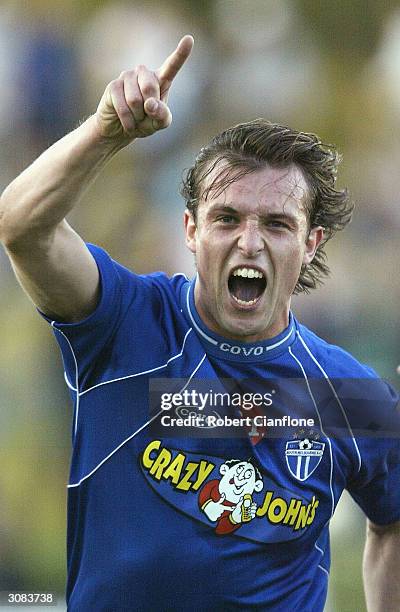 Michael Curcija of South Melbourne celebrates his goal during NSL second leg Finals Series between South Melbourne and the Marconi Stallions at the...