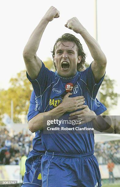 Michael Curcija of South Melbourne celebrates his goal during NSL second leg Finals Series between South Melbourne and the Marconi Stallions at the...