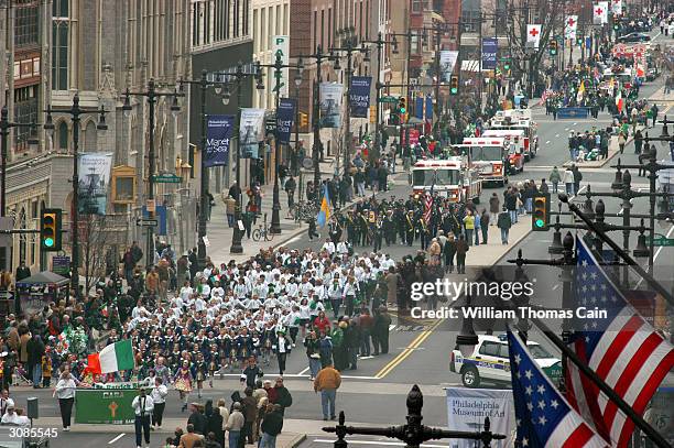 Participants march on Broad Street during the 53rd Annual St. Patrick's Day Parade March 14, 2004 in Philadelphia, Pennsylvania. An estimated 10,000...