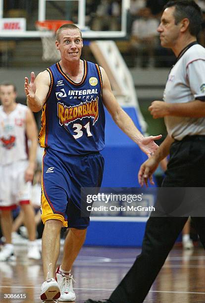 John Rillie of the Razorbacks disputes the referee's decision during the NBL Playoff series, semi final game two match between the West Sydney...