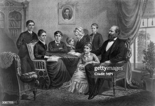 Republican politician and the 20th President of the United States, James Garfield with his family, on the far left is his son James Rudolph Garfield...