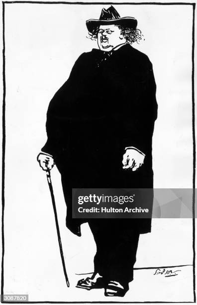 British author G K Chesterton in his familiar outfit of broad-brimmed hat, cloak and pince-nez. Original Artist: By Joseph Simpson