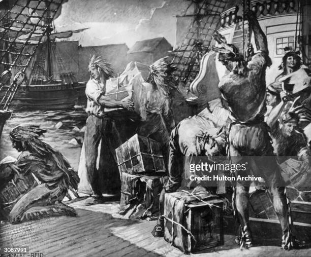 Working men disguised as Mohawks throw chests of tea into the harbour in protest against direct taxation by the British. Original Artist - Robert Reid