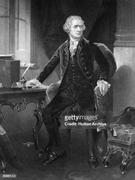 American statesman Alexander Hamilton , principal author of 'The Federalist' collection of writings. An engraving after the original painting by...