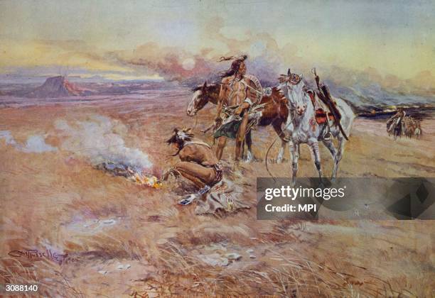 Hostile Blackfoot Indians setting fire to the Crow Buffalo range. Original Artwork: Painting by Charles Marion Russell.