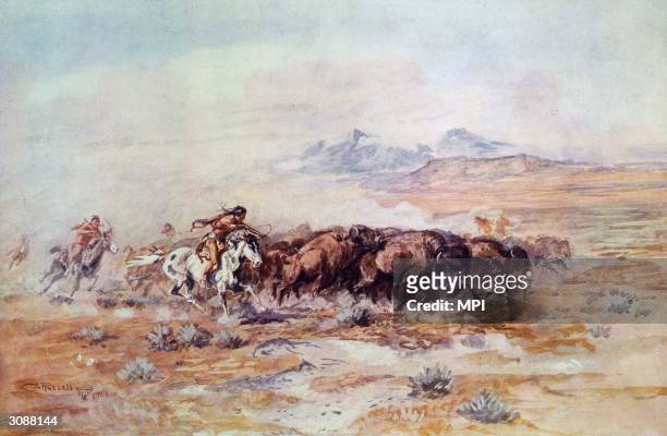 Native American hunters pursue a herd of bison across the plains. Original Artwork: Painting by Charles Marion Russell.