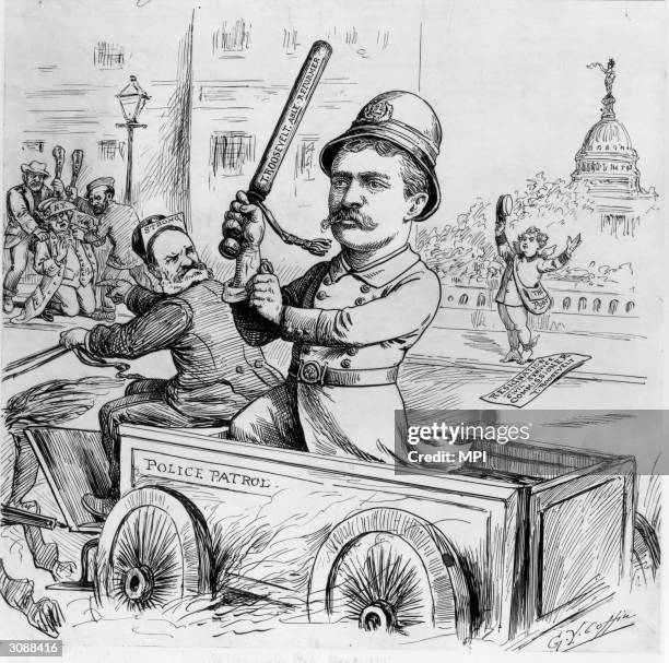 New York police commissioner Theodore Roosevelt takes his seat in Mayor Strong's Police Patrol cart, waving his truncheon proudly. A cartoon drawn by...