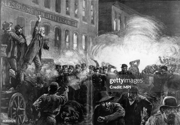 Rioters throw a dynamite bomb into a crowd of policemen during a violent strike rally in Haymarket Square, Chicago. Original Artwork: After Thure de...
