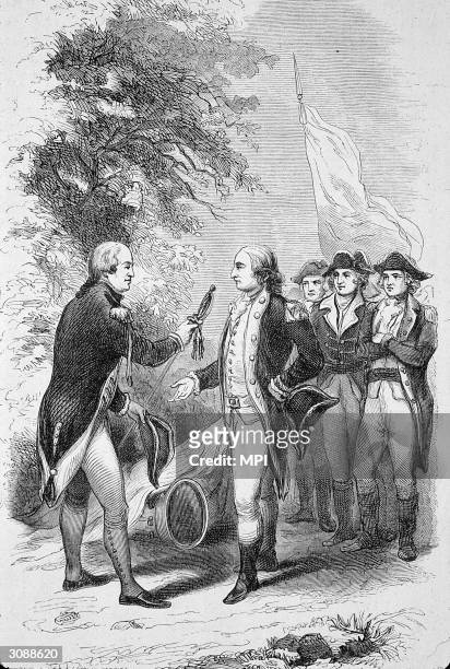 British General John Burgoyne surrendering to General Horatio Gates after the Battle of Saratoga.