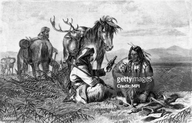 White trader and a Native American engaged in bargaining on the plains. The trader offers a bottle of alcohol to his pipe-smoking friend. Wood...