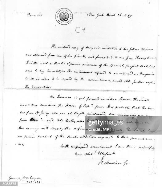 Letter from James Madison to President George Washington, concerning the 'Spanish project' - a Spanish plan to bribe American settlers to move into...