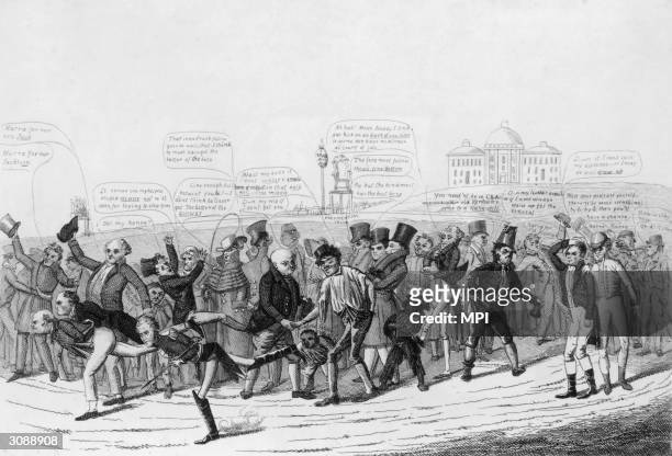 The three candidates in the 1824 US presidential election take part in a foot race toward the White House, watched by cheering crowds. John Quincy...