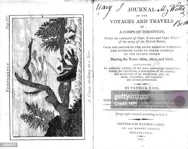 Canoe carrying two men across a river strikes a tree and overturns during one leg of the Lewis and Clark expedition . President Thomas Jefferson...