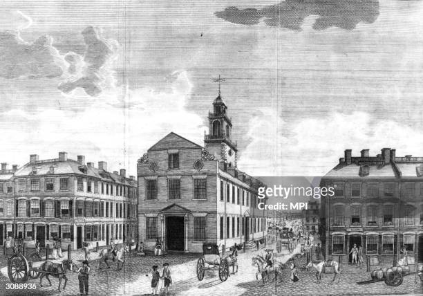 The Old State House in Boston, built in 1713 to house the government offices of the Massachusetts Bay Colony. Published in Massachusetts Magazine,...