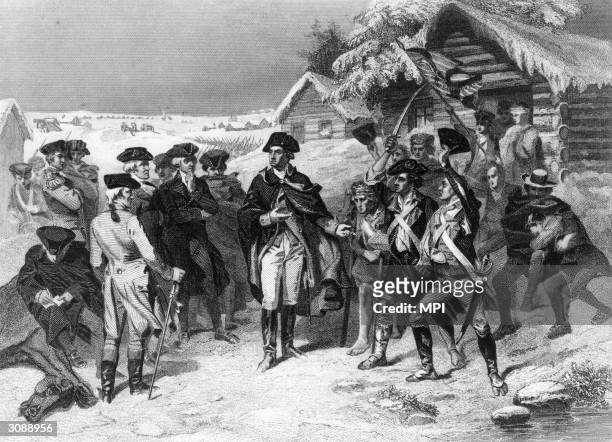 General George Washington and his ragged shoeless army of 12,000 make camp at Valley Forge in Pennsylvania during the winter of 1777 - 1778, at a low...