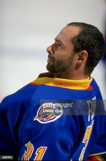 Goaltender Grant Fuhr of the St. Louis Blues in action during a game against the Los Angeles Kings at the Great Western Forum in Inglewood,...