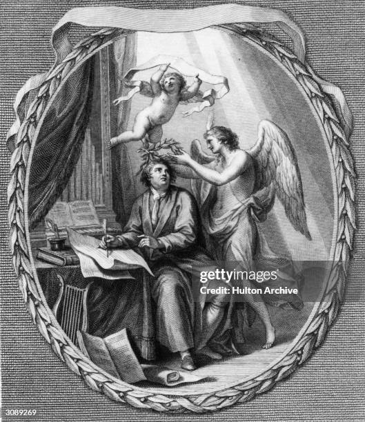 German composer George Frederick Handel being crowned by the Genius of Harmony while a seraph takes his name to heaven. Engraved by Francesco...