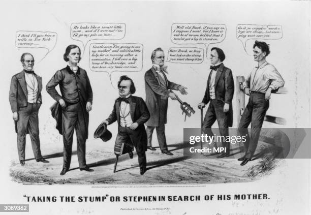 Diminutive Democratic statesmen Stephen Arnold Douglas canvassing votes in the presidential election of 1860, watched by his Republican opponent...