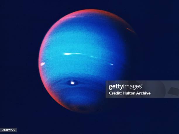 Neptune, fourth largest of the planets in our solar system. The atmosphere consists mostly of hydrogen and helium, but the presence of three per cent...