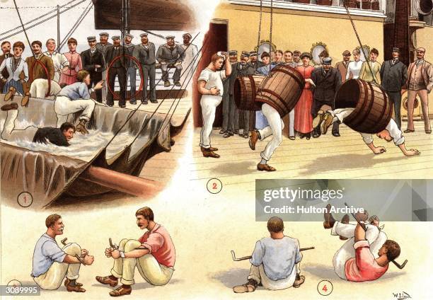 Passengers watch the sailors indulging in deck games on a P & O ferry crossing. A group of men tackle the water jump in the obstacle race, whilst...