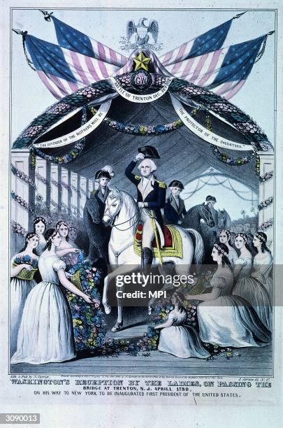 Women laying flowers at George Washington's feet as he rides over a bridge at Trenton, New Jersey on the way to his inauguration as first President...