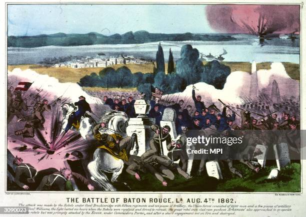 Confederate troops attacking Union positions during the battle of Baton Rouge, Louisiana. Original Artwork: Print by Currier & Ives.