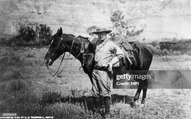 American politician and future President of the United States of America, Theodore Roosevelt during a visit to the Badlands of Dakota after the death...