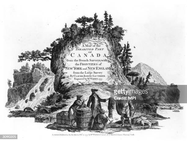 Two colonials trading with the Native Americans for furs in the Canadian countryside. Original Publication: From 'A Map of the Inhabited Part of...