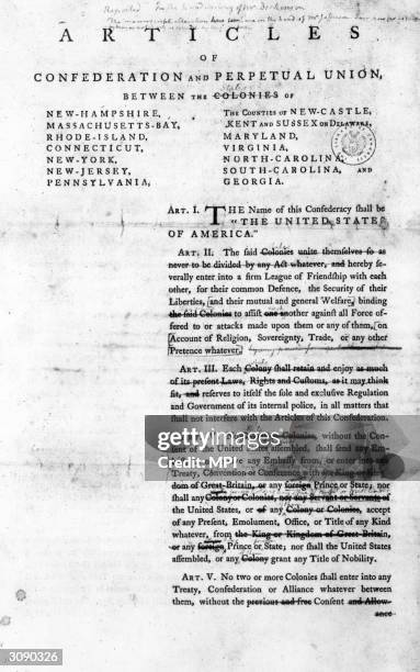 The Articles of Confederation and Perpetual Union between certain American colonies, as drafted by statesman John Dickinson and his committee for the...