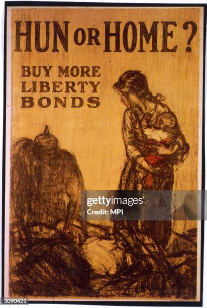 Government poster shows a refugee with a baby fleeing from a shadowy and threatening figure of a German soldier. Wording reads, 'Hun or Home? Buy...