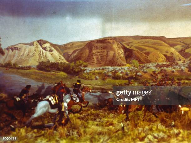 Major Marcus A Reno of the US 7th Cavalry makes his famous retreat from the Indian village during the Battle of Little Big Horn, Montana.