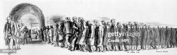 Queue of sombre men waiting for a ration of bread in a New York soup kitchen during the Depression. Original Artwork: Drawn by Reginald Marsh.