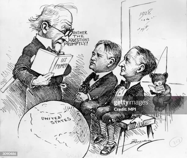 Uncle Sam lecturing the two contenders in the Presidential election, Herbert Hoover and Al Smith , about politics. Cartoon by Clifford K Berryman.