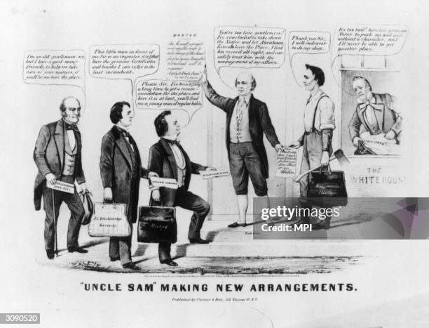 The 1860 Presidential campaign - 'Uncle Sam' turns away candidates John Bell , John C. Breckinridge , and Stephen A. Douglas from the White House, as...