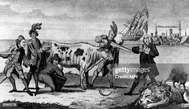 Picturesque View of the State of the Nation'. An Englisman wearing mourning clothes despairs as a Dutchman, Frenchman and Spaniard milk the profits...
